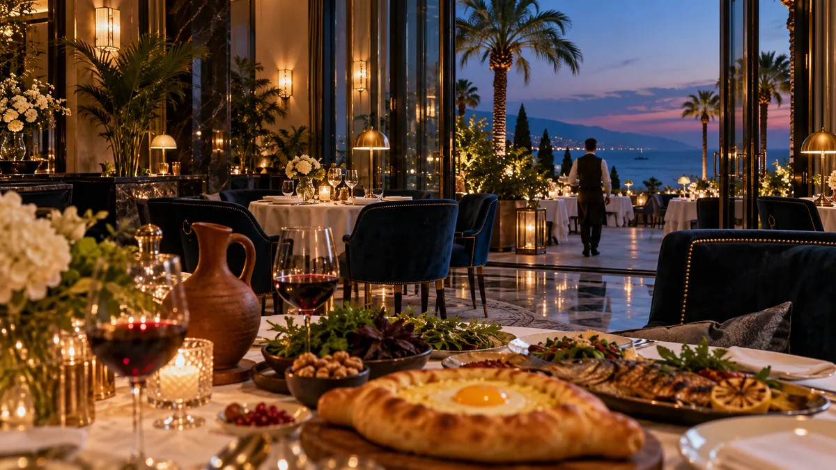 Adjarian khachapuri, grilled Black Sea fish and a glass of Georgian wine on a table in the Levora restaurant
